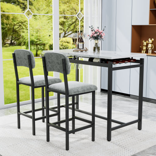 3-Piece Marble Finish Dining Set, Black Table & 2 Grey PU Upholstered Chairs