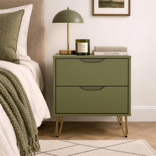 Olive Green Modern Nightstand, 2 Drawers & Metal Legs