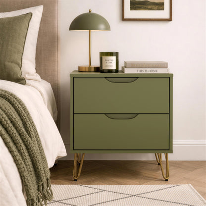 Olive Green Modern Nightstand, 2 Drawers & Metal Legs