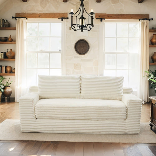 Beige Memory-Foam Convertible Compression Loveseat Sofa-Bed Corduroy No-Assembly Couch for Small Apartment