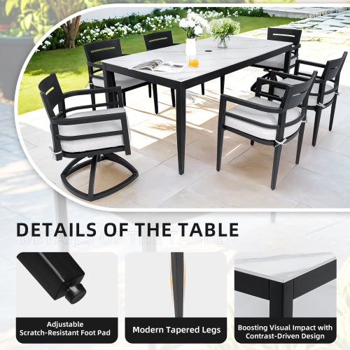 Outdoor Modern Patio 35.5"x71" Aluminum Dining Table, Greek White Marble-Inspired Sintered Stone Top, Ember Black Finish, Post Tapered Legs-Seats Six, Weatherproof & Rust-Free