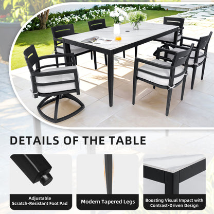 Outdoor Modern Patio 35.5"x71" Aluminum Dining Table, Greek White Marble-Inspired Sintered Stone Top, Ember Black Finish, Post Tapered Legs-Seats Six, Weatherproof & Rust-Free