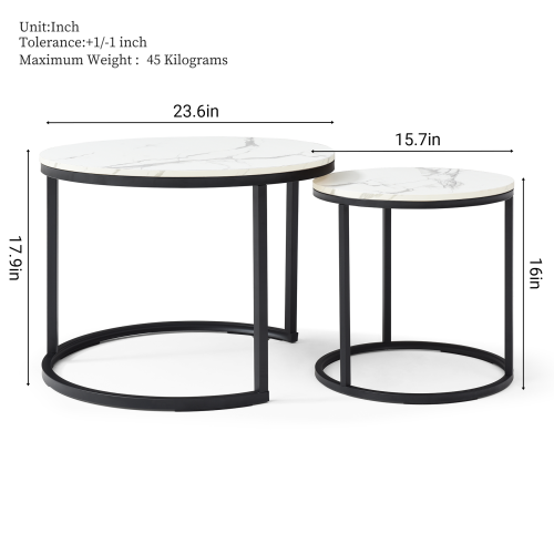 2-Piece Nesting Round Coffee Table, White & Gray Top