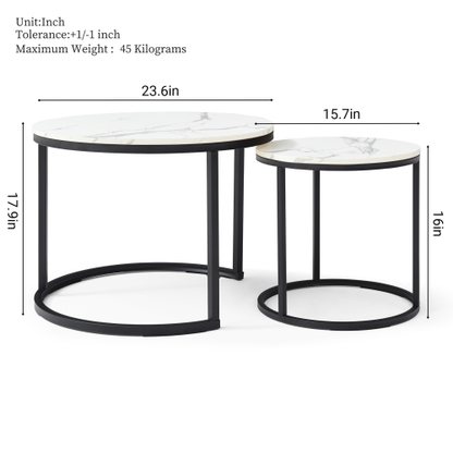 2-Piece Nesting Round Coffee Table, White & Gray Top