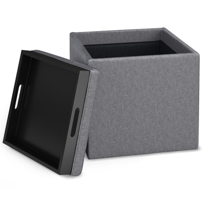 17 Inch Storage Ottoman with Tray Grey Linen Fabric Cube Footrest