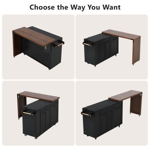 102 Inch Kitchen Island with Extendable Dining Table & Trash Storage Black