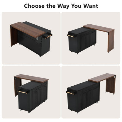 102 Inch Kitchen Island with Extendable Dining Table & Trash Storage Black