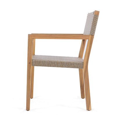 Outdoor Dining Chairs Set of 2, Light Teak Acacia Wood Frame and Multi Light Brown PE Wicker, Ideal for Patios, Gardens