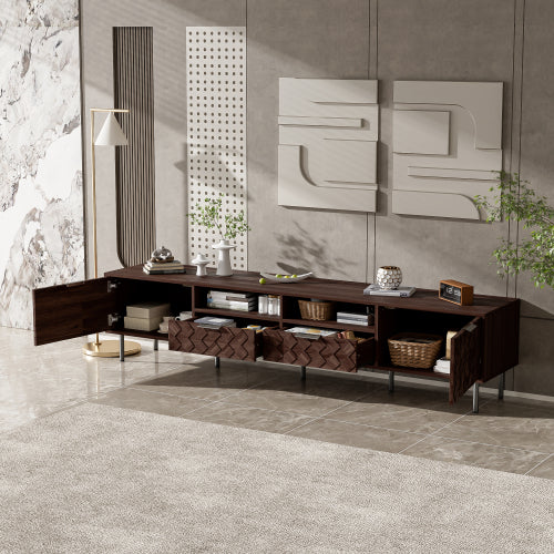 78.7 inch Walnut 3D Diamond Texture TV Stand Heavy Iron Leg Media Console Fits 85 inch TV