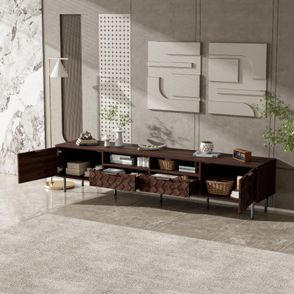 78.7 inch Walnut 3D Diamond Texture TV Stand Heavy Iron Leg Media Console Fits 85 inch TV