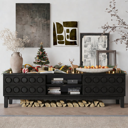 Black Mid-Century Media Console 4 Drawer TV Stand Cable Management Fits 75 Inch TV