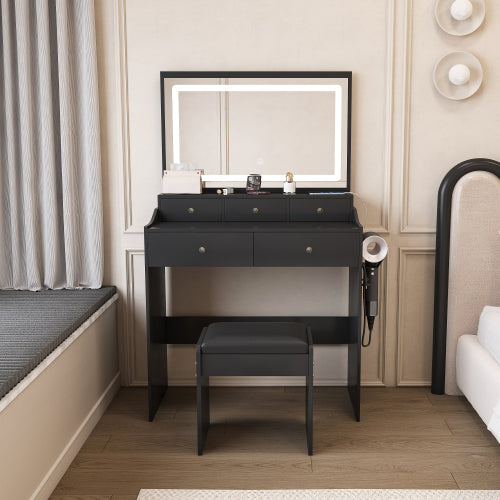 Black Modern Vanity Desk Set, Extra Large 30.3 inch *19.3 inch  LED Mirror, 5 Drawers, Power Outlet & Hair Dryer Holder