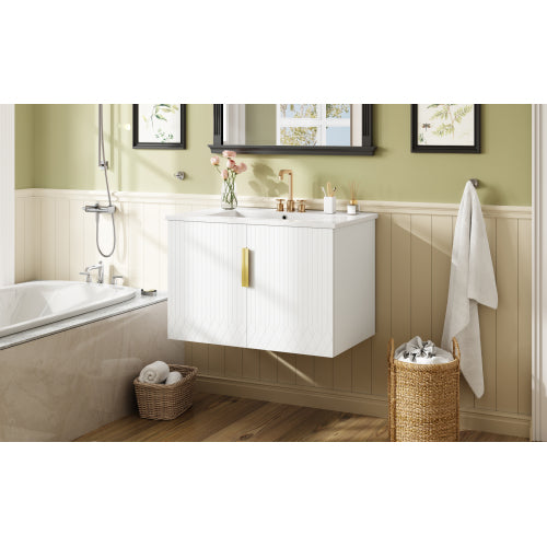 30" Vintage Bathroom Vanity with Ceramic Sink, with 3 Holes Single Ceramic Sink, Bathroom Storage Vanity Cabinet with 2 Soft Closing Doors