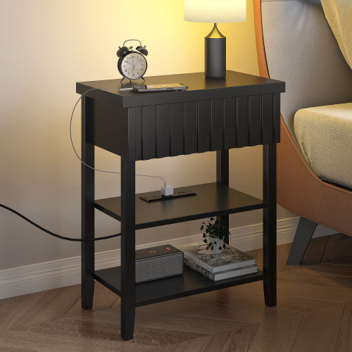 Black Fluted Nightstand with Charging Station
