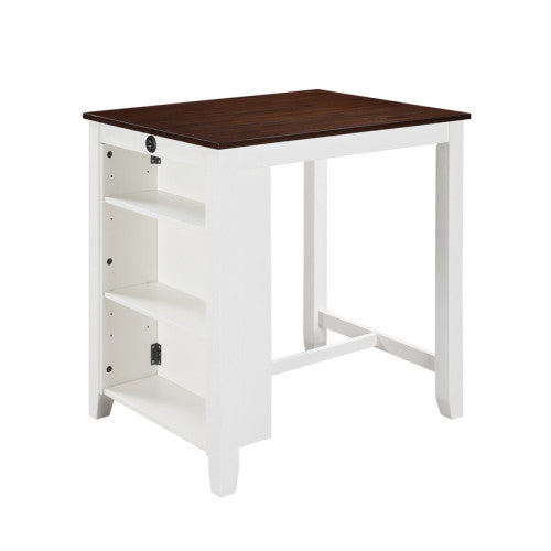 3-Piece White Counter Height Dining Set, 36 Inch Table with Shelves, USB Port & 2 Cream Fabric Chairs