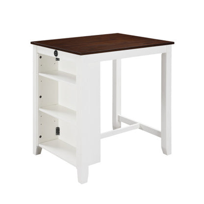 3-Piece White Counter Height Dining Set, 36 Inch Table with Shelves, USB Port & 2 Cream Fabric Chairs