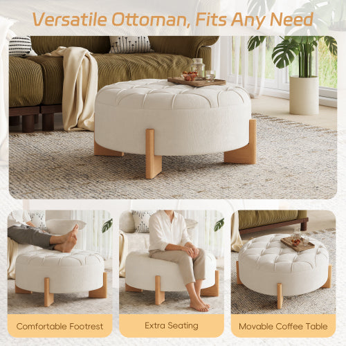 Beige Round Chenille Tufted Ottoman, 32 Inch Button Tuft Footrest with L-Shaped Rubberwood Legs, 250 LBS Capacity