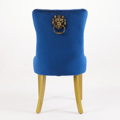 Mid-Century Modern Velvet Dining Chairs Set of 2 with Lion Head Pull Ring, Tufted Upholstered Chair, Blue