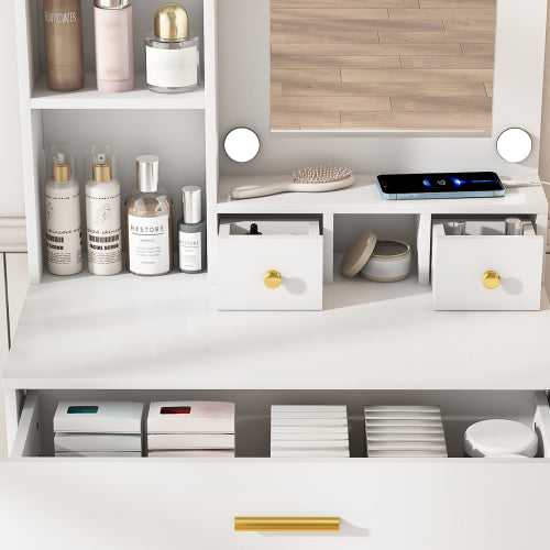 Vanity Table with Mirror & Adjustable LED Lights, Power Outlet, Hairdryer Holder & Stool ¨C Compact Dressing Desk for Small Bedrooms(White)