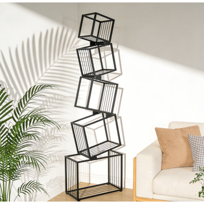 Black 5-Tier Geometric Metal Bookshelf Modern Slanted Design Space-Saving Living Room Office Storage Rack
