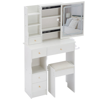 29.2inch  Small Size Left Drawer Desktop Vanity Table + Cushioned Stool, 2 AC+2 USB Power Station, Hair dryer bracket, Extra Large Touch Control Sliding LED Mirror, Tri-color Switching, Brightness Adjust