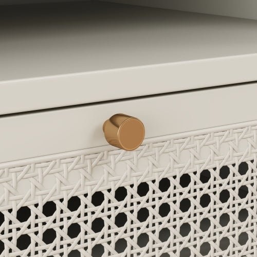 Cream White Dual-Tier Woven Nightstand