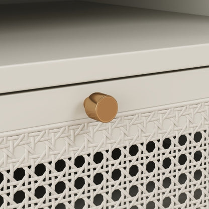 Cream White Dual-Tier Woven Nightstand