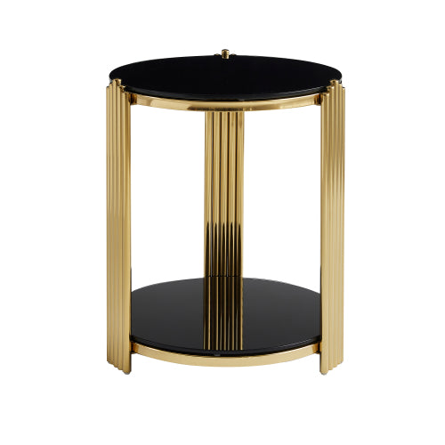 16.9inch  Double-Layer Black Tempered Glass & Gold Steel End Table