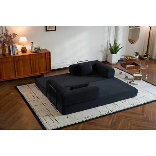 Corduroy Convertible Sleeper Sofa-Bed Fixed-Shape Metal-Frame Floor Lounge Couch with Cylindrical Pillow No-Assembly