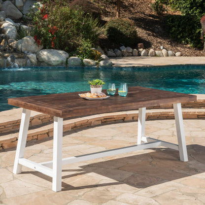 Outdoor Dark Brown Sandblast Finish Acacia Wood Dining Table with White Rustic Metal Finish Frame