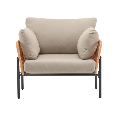 36" Beige and Light Wood-Tone Rope Iron Lounge Chair with Cushions, Perfect for Natural and Modern Spaces