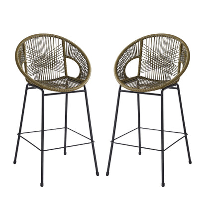 Ferrara Outdoor Patio Green Faux Wicker Barstool, Set of 2