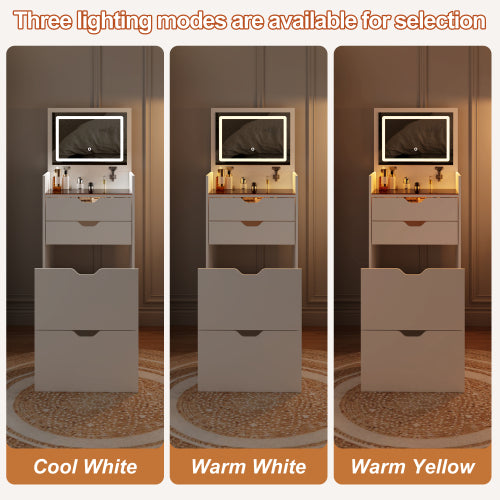 3-in-1 Multifunctional Vanity Desk Set, Flip-Up Mirror, 3-Color Lights, 2 Drawers, Hidden Storage Stool, Pink