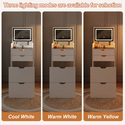 3-in-1 Multifunctional Vanity Desk Set, Flip-Up Mirror, 3-Color Lights, 2 Drawers, Hidden Storage Stool, Pink