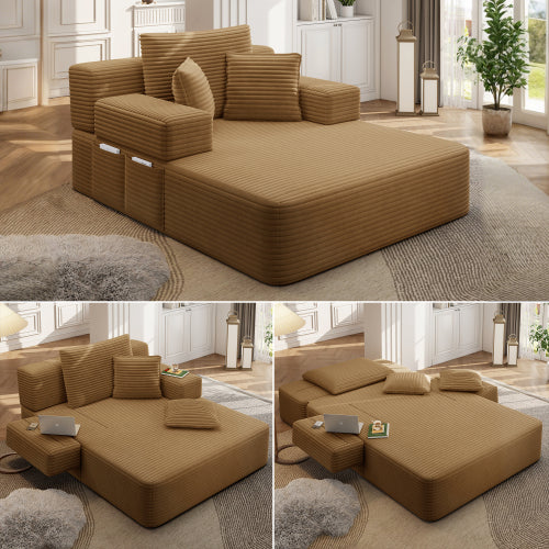 Camel Oversized Plush Corduroy Frameless Convertible Chaise Sofa Bed w/Storage Pockets & 3 Pillows