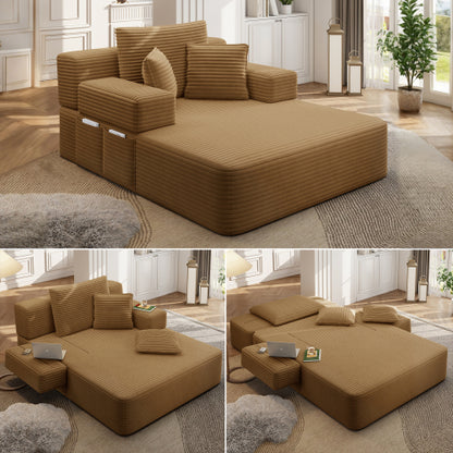 Camel Oversized Plush Corduroy Frameless Convertible Chaise Sofa Bed w/Storage Pockets & 3 Pillows