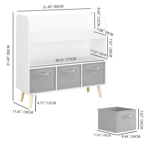 White Gray Kids Bookshelf With 3 Removable Fabric Bins Toy Book Organizer