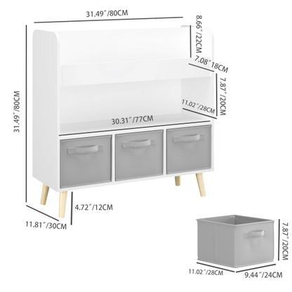 White Gray Kids Bookshelf With 3 Removable Fabric Bins Toy Book Organizer