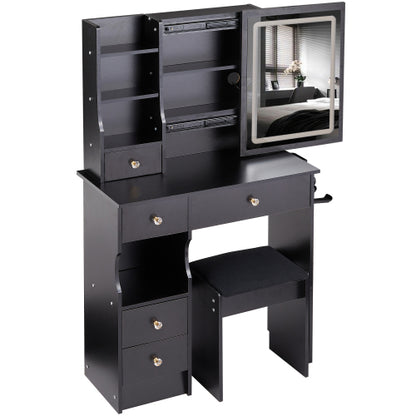29.2" Small Size Left Drawer Desktop Vanity Table + Cushioned Stool, 2 AC+2 USB Power Station, Hair dryer bracket, Extra Large Touch Control Sliding LED Mirror, Tri-color Switching, Brightness Adjust