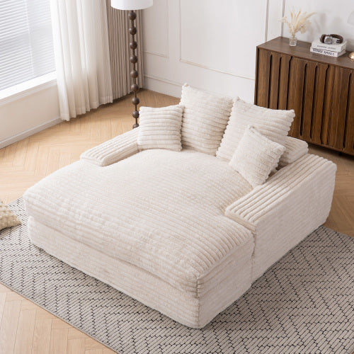 Beige Oversized Corduroy Chaise Lounge SofaBed,4 Washable Pillows