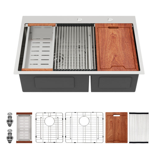 Topmount Drop in Kitchen Sink - 33"x 22" x 10" Double Bowl (60/40) Kitchen Sink 16 Gauge with Two 10" Deep Basin, Brushed Nickel