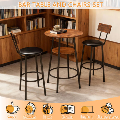 3 Pieces Round Bar Table and Chairs Set, Small Dining Table for 2 with 2-Tier Storage & 2 PU Upholstered Bar Stools for Kitchen, Dining Room, Living Room, Bar, Cafe, Small Space Corner, Rustic Brown