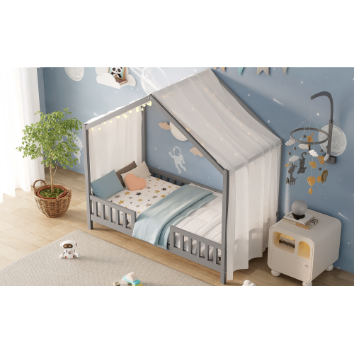 Montessori Floor Bed with Canopy, Twin Bed Frame for Kids, House Shape Toddler Bed Frame with High Railings, Wood Kids Bed with Roof, Kid Twin Bed, Grey