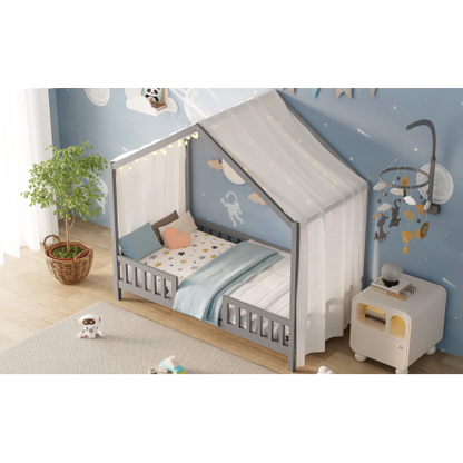 Montessori Floor Bed with Canopy, Twin Bed Frame for Kids, House Shape Toddler Bed Frame with High Railings, Wood Kids Bed with Roof, Kid Twin Bed, Grey