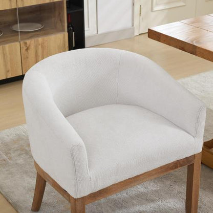 Single Beige Mid-Century Barrel Linen Arm Dining Chair, Farmhouse Style, Natural Rubberwood Frame