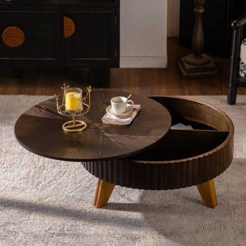 31.5inch  Retro Round Coffee Table Storage MDF Solid Wood Legs Living Room Accent Brown