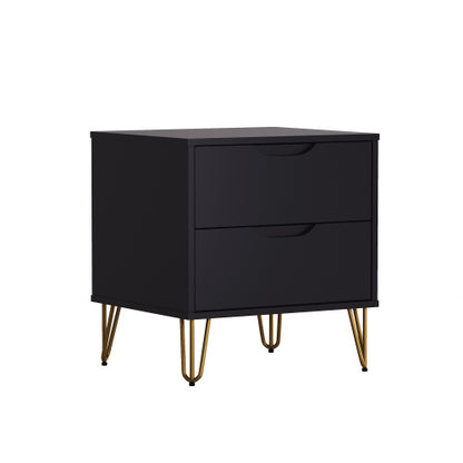 Black Modern Nightstand, 2 Drawers & Metal Legs