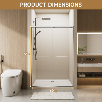 56"-60" W x 72" H Chrome Aluminum Frame Double Sliding Shower Door with 1/4" (6mm) Nano-Coated Clear Tempered Glass and Dual Stainless Steel Handles