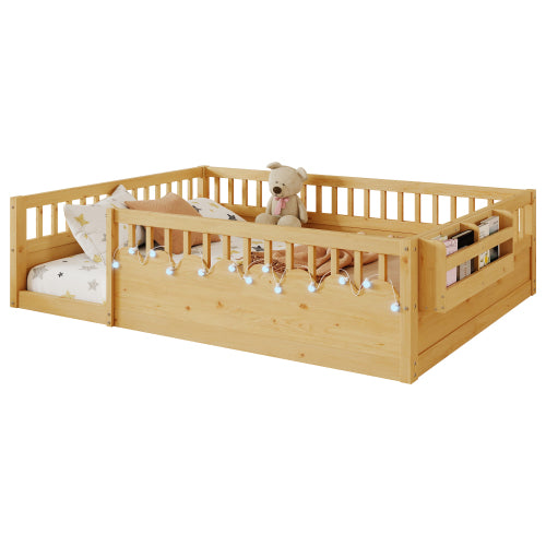 Full Montessori Floor Bed Frame with High Rails, Wood Kids Floor Beds with Light and Storage Shelf, Natural