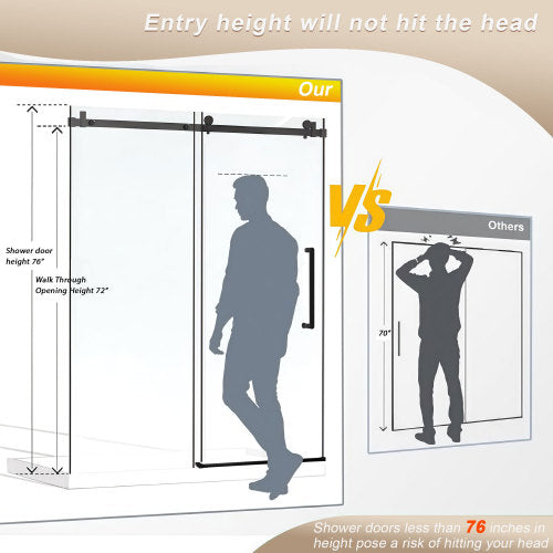 Frameless Single sliding shower door 56-60 "W x 76" H, 1/4 "(6 mm) Clear Tempered Glass, Explosion Proof Film, Stainless Steel Handle Square Tube Track ,Matte Black
